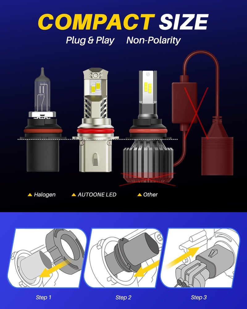 AUTOONE 9007/HB5 LED Light Bulbs 900% Brightness, 6000K Pure White Fog Light, 1:1 Halogen Size Wireless, Easy Installation, IP68, Pack of 2 - Image 3